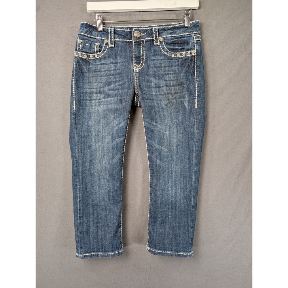 LA Idol USA Womens Embroidered Cross Rhinestone Capris Blue Jeans Size 7 5479‎